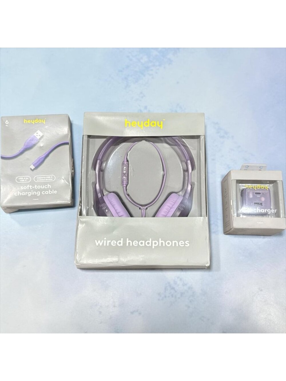 Heyday Wired Headphones, Soft-Touch Charging Cable, And Wall Charger Bundle - Pu